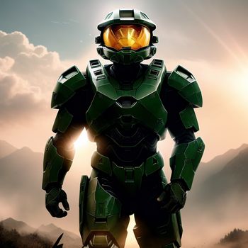 man in a green suit standing in the desert with a helmet on his head and a halo on his face