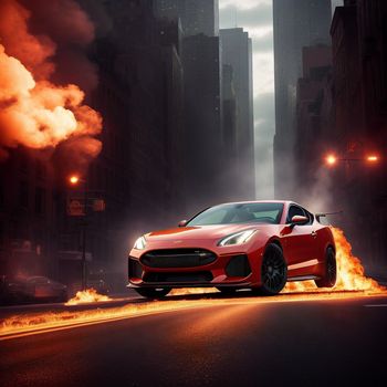 red sports car driving down a city street at night with a lot of smoke coming out of the hood