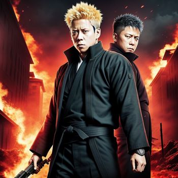 two men in black outfits standing in front of a fire filled city with buildings and a gun in his hand