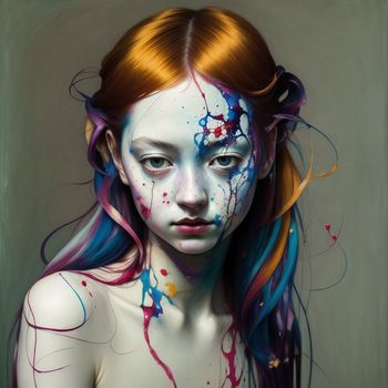 painting of a girl with blue and red hair and makeup with paint splatters all over her face