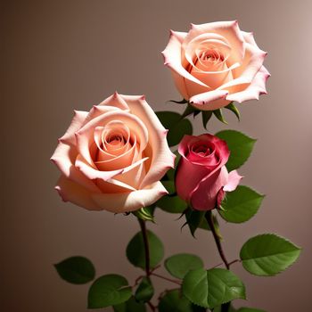 two pink roses are in a vase with green leaves on a table top and a brown background is behind them