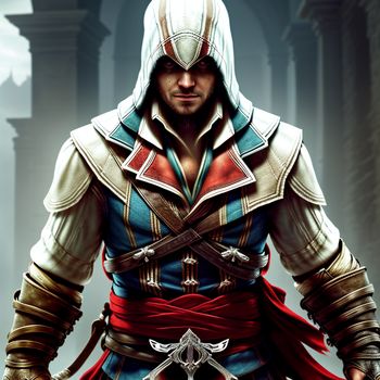 man in a red and blue outfit holding a sword and a sword in his hand