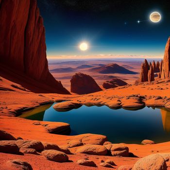 desert landscape with a lake surrounded by rocks and a moon in the sky above it