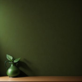 green vase with a leaf on a table in front of a green wall with a window in the corner