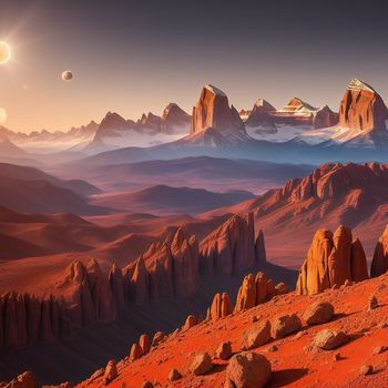 view of a mountain range with a distant planet in the background and a distant planet in the foreground