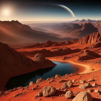 landscape of rocky mountains and a lake in the middle of the desert with a distant planet in the background