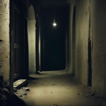 dark alley with a light hanging from the ceiling and a bench in the middle of the alley