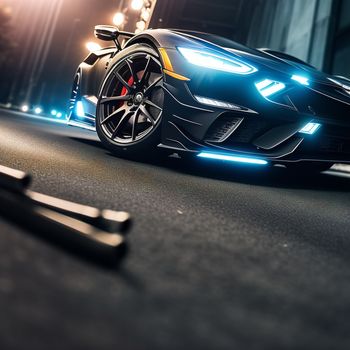 car is shown with its lights on and a key in front of it on a city street at night