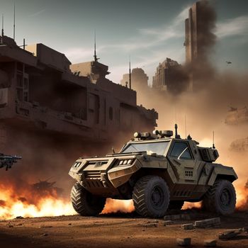 military vehicle is kicking up fire in a desert area with a building in the background and a gun in the foreground