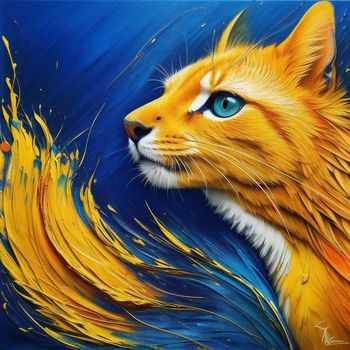 painting of a cat with blue eyes and yellow feathers on it's tail