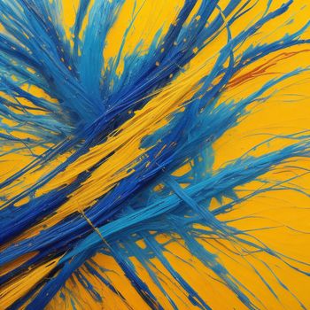 yellow and blue background with a bunch of blue feathers on it's side and a yellow background