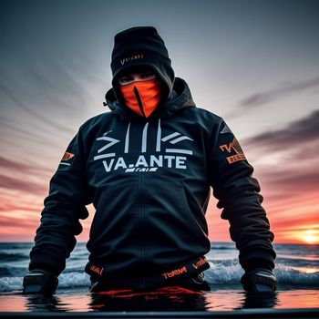 man in a black jacket standing on a surfboard in the water at sunset with the sun setting