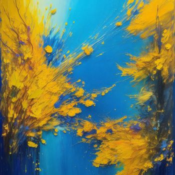 painting of yellow and blue with a blue background and yellow leaves on the bottom of the painting