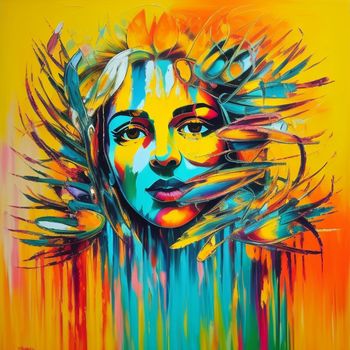 painting of a woman's face with colorful paint streaks on it and a yellow background with a blue