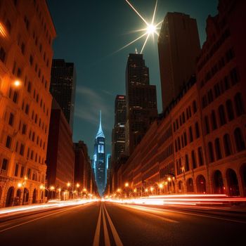 city street with a very tall building in the background at night time with lights on the buildings and the street lights streaking down