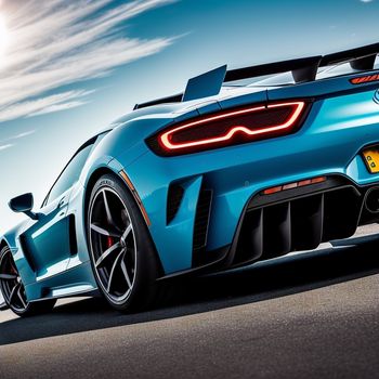 blue sports car driving down a road under a cloudy sky with a bright light on it's side