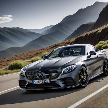 silver mercedes benz coupe driving down a mountain road with mountains in the background and a cloudy sky above