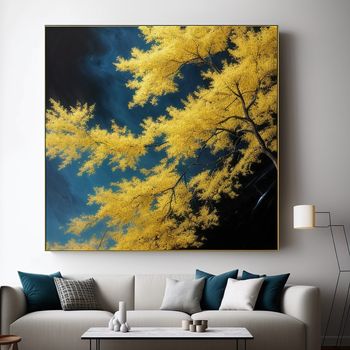 living room with a couch and a painting on the wall above it that has yellow trees in the background