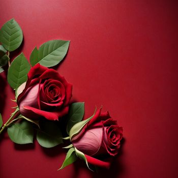 three roses on a red background with green leaves on the stems and one red rose on the stem with green leaves