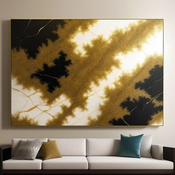 living room with a couch and a painting on the wall above it that has a golden and black design