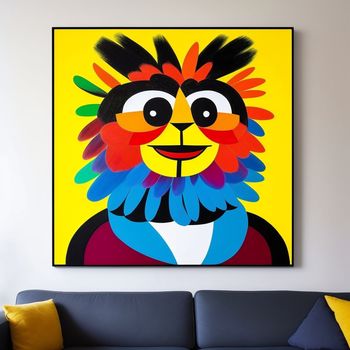 painting of a colorful lion on a yellow background hangs above a blue couch in a white room with a blue sofa