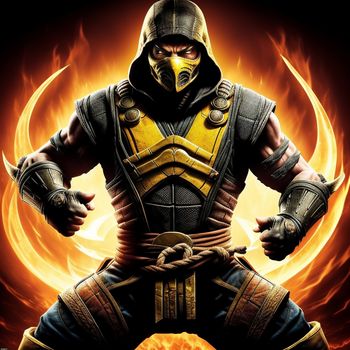 man in a yellow and black outfit with a fire ball in his hand and a helmet on his head