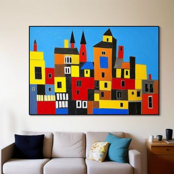 painting of a cityscape is hanging on a wall above a couch in a living room with a white couch and a blue and yellow chair