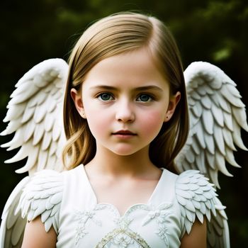 little girl with angel wings on her head and a white dress on her body and a green background