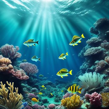 group of fish swimming over a coral reef under water with sunlight beams coming through the water's surface