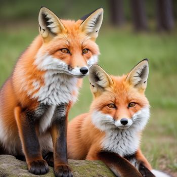 two foxes sitting on a rock in a field of grass and grass