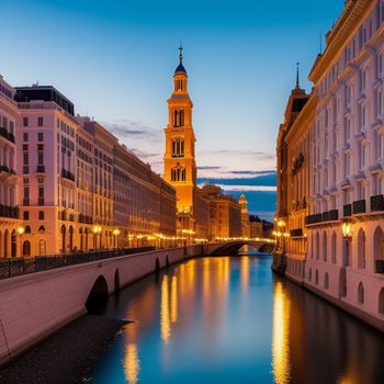 river running through a city next to tall buildings at night time with a clock tower in the background