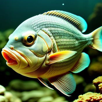 fish that is swimming in some water near some rocks and corals and some water plants and rocks