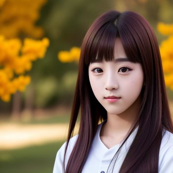 young asian girl with long dark hair and bangs