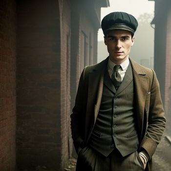 man in a suit and hat standing in a alley way with a brick building in the background and fog in the air