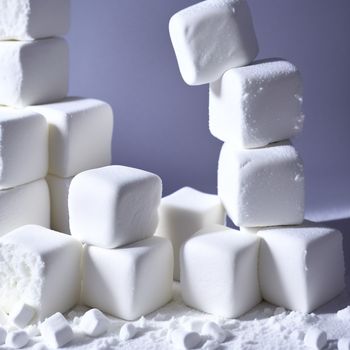 pile of marshmallows sitting on top of a table next to a purple wall and a pile of white sugar