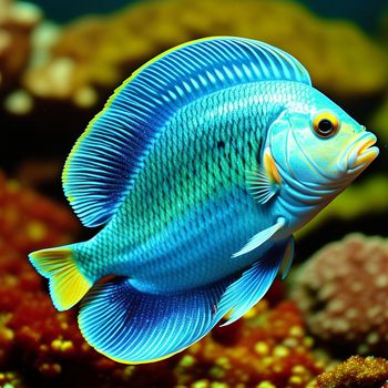 blue fish is swimming in a coral reef with other corals and other corals in the background