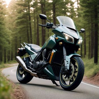 motorcycle is driving down a road in the woods with trees in the background and a sunbeam in the distance