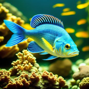 blue fish swimming in a large aquarium filled with corals and other colorful fish swimming around it's corals