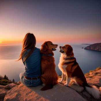 woman sitting on a rock with two dogs looking at the sunset over the ocean and mountains in the background