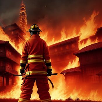 firefighter standing in front of a fire with a fire in the background and a building on fire