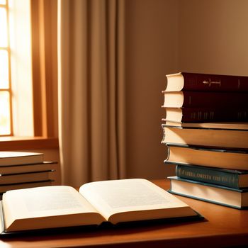 stack of books sitting on top of a wooden table next to a window with a curtain behind it