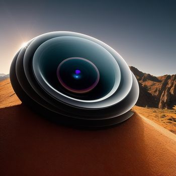 large object is shown in the middle of a desert landscape with mountains in the background and a bright blue light