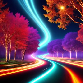 painting of a road with trees and a bright light at the end of it and a bright light at the end of the road