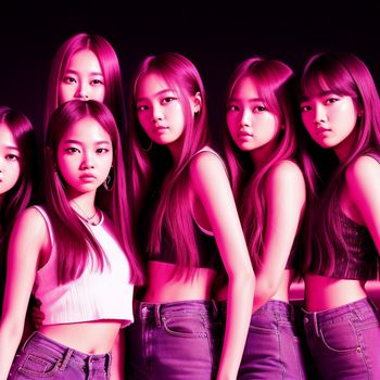 group of asian women standing next to each other in front of a black background with a pink light
