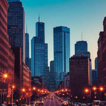 city street with cars parked on both sides of it and tall buildings in the background at dusk time