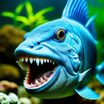 blue fish with its mouth open and teeth wide open in a fish tank with algae and rocks in the background
