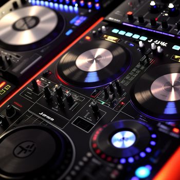 close up of a dj's decks with lights on them and a controller on the side of the dj's head