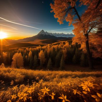 beautiful sunset over a mountain with trees and flowers in the foreground and a mountain in the background