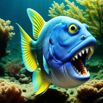 blue fish with its mouth open and teeth wide open