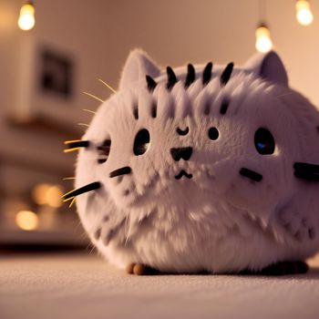 white cat with black eyes and a black nose sitting on a table with lights in the background and a white wall